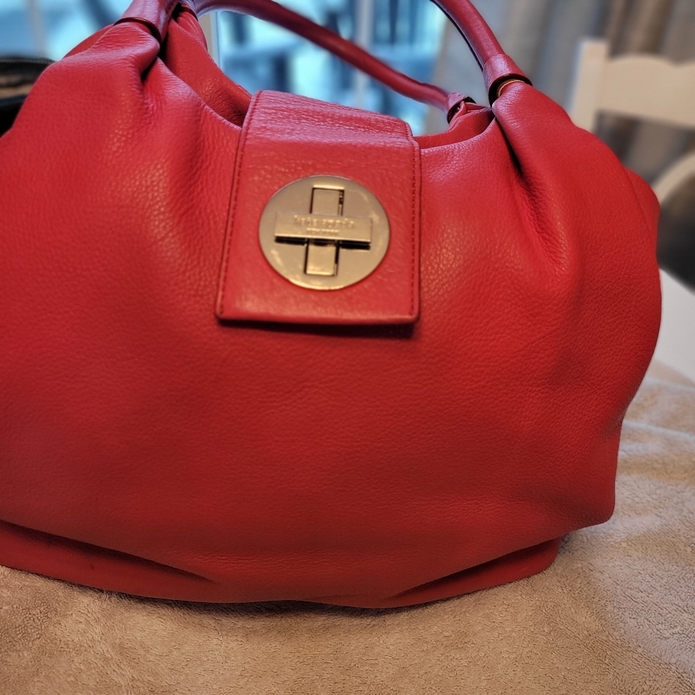 Red Leather Shoulder Bag with Turn-Lock Closure